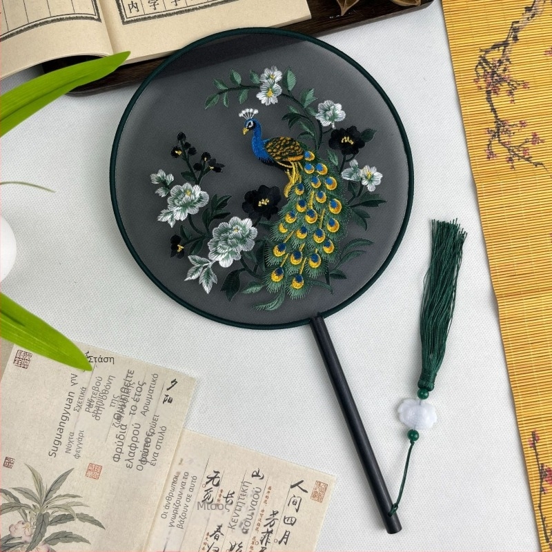 Στρογγυλό βεντάλι με μεταξωτή κέντημα, μεταλλικός δακτύλιος, κινέζικο στυλ