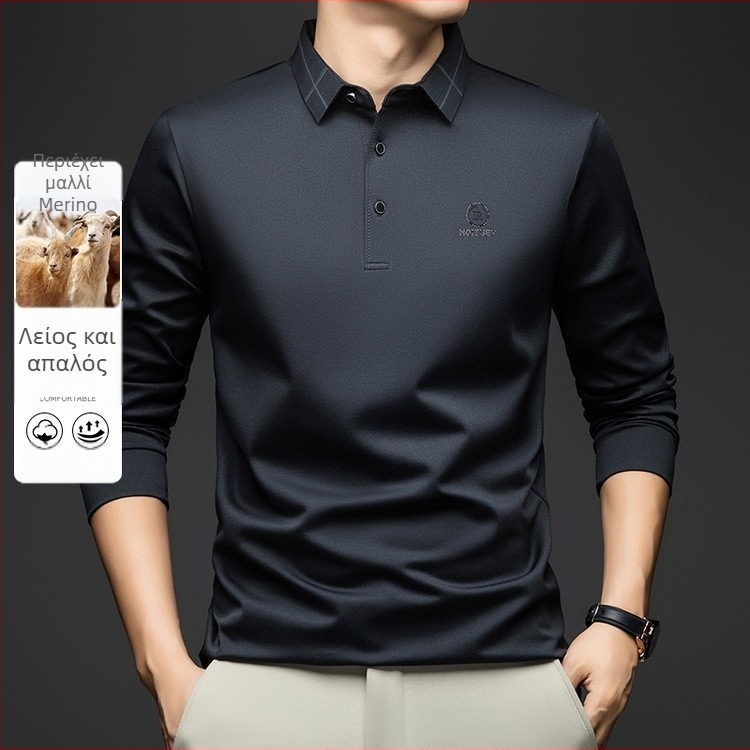 Ανδρικό μακρυμάνικο polo T-shirt με turn-down γιακά, χαλαρή γραμμή, γεωμετρικό σχέδιο με ρίγες, ύφασμα συνθετικής ίνας ανάμικτο