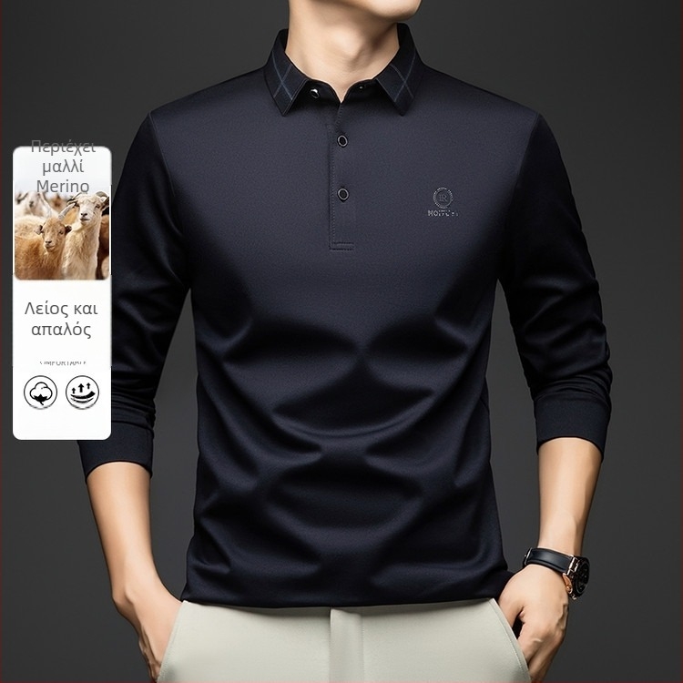 Ανδρικό μακρυμάνικο polo T-shirt με turn-down γιακά, χαλαρή γραμμή, γεωμετρικό σχέδιο με ρίγες, ύφασμα συνθετικής ίνας ανάμικτο