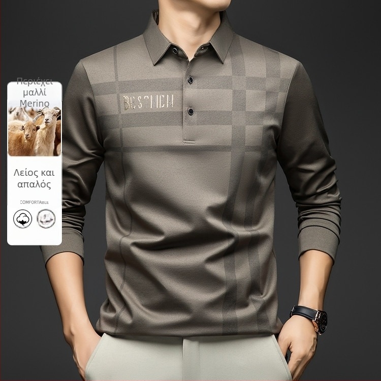 Ανδρικό μακρυμάνικο polo T-shirt με turn-down γιακά, χαλαρή γραμμή, γεωμετρικό σχέδιο με ρίγες, ύφασμα συνθετικής ίνας ανάμικτο