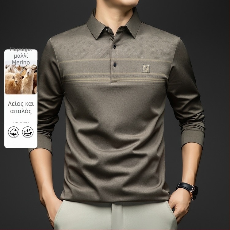 Ανδρικό μακρυμάνικο polo T-shirt με turn-down γιακά, χαλαρή γραμμή, γεωμετρικό σχέδιο με ρίγες, ύφασμα συνθετικής ίνας ανάμικτο