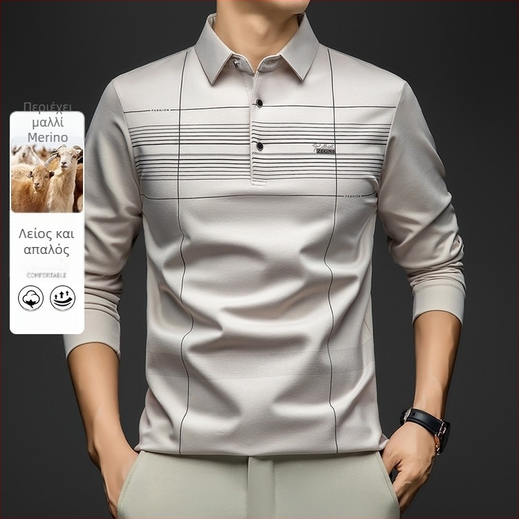 Ανδρικό μακρυμάνικο polo T-shirt με turn-down γιακά, χαλαρή γραμμή, γεωμετρικό σχέδιο με ρίγες, ύφασμα συνθετικής ίνας ανάμικτο