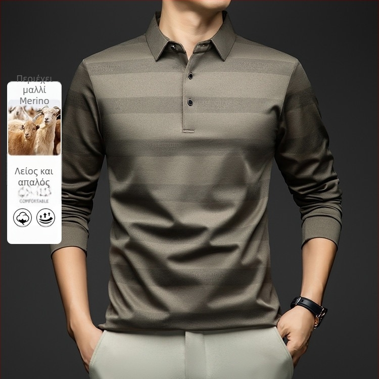 Ανδρικό μακρυμάνικο polo T-shirt με turn-down γιακά, χαλαρή γραμμή, γεωμετρικό σχέδιο με ρίγες, ύφασμα συνθετικής ίνας ανάμικτο