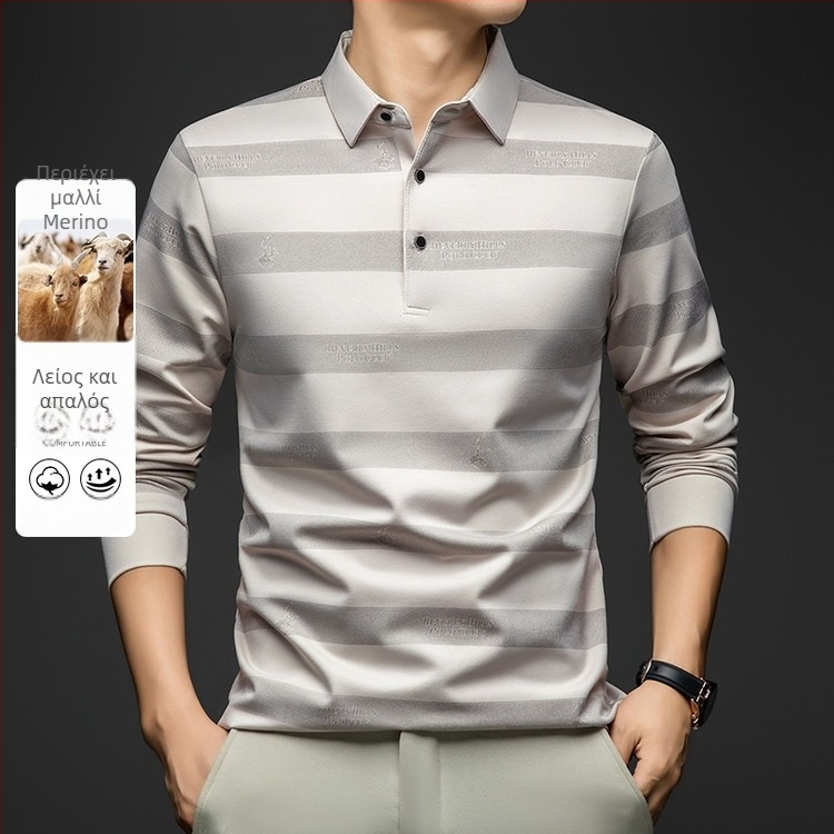 Ανδρικό μακρυμάνικο polo T-shirt με turn-down γιακά, χαλαρή γραμμή, γεωμετρικό σχέδιο με ρίγες, ύφασμα συνθετικής ίνας ανάμικτο