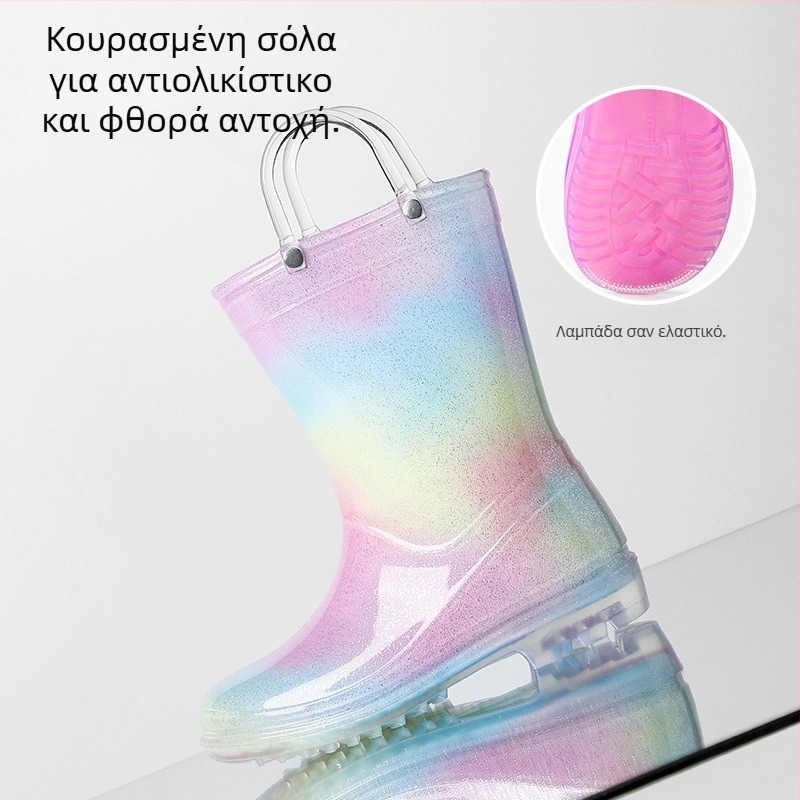 Γαλότσες βροχής PVC για κορίτσια, στυλ πριγκίπισσα, χαμηλό τακούνι 1–3 εκ., μεσαίο ύψος σωλήνα