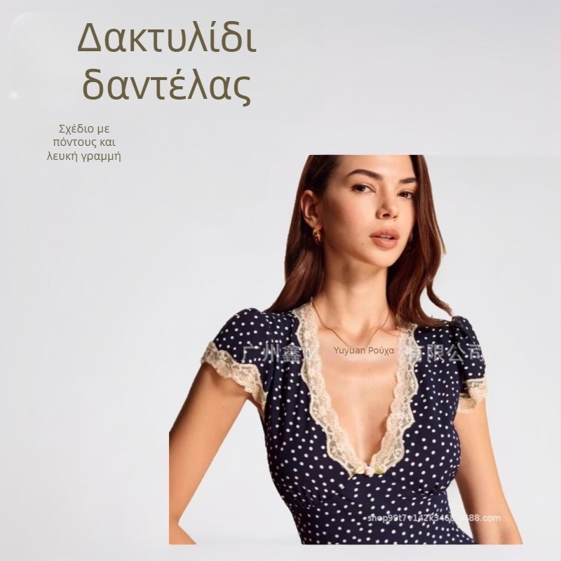 Φόρεμα με V-λαιμό, δαντελωτή ένθεση, τύπωμα με πουά, πολυεστέρας, μεσαίου μήκους