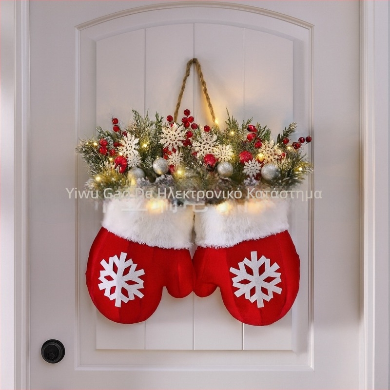 Λαμπερό χριστουγεννιάτικο στεφάνι με γάντια, βελούδινο, αμερικανικού στυλ, κατασκευή ημιχειροκίνητη/ημι-μηχανική, κωδ. CP5090301