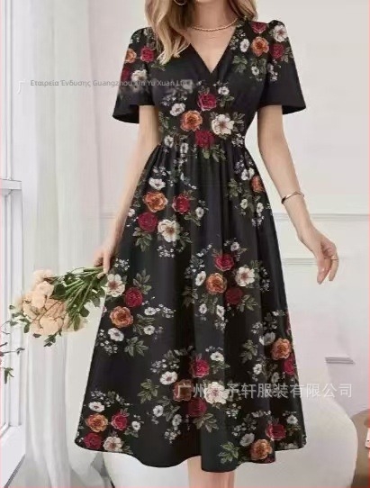 Φλοράλ φόρεμα με V-λαιμό, μανίκια σε σχήμα πετάλου, ελαστική μέση, μακρύ φόρεμα σε γραμμή Α.