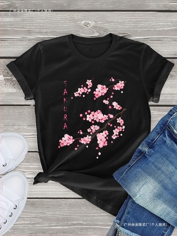 T-shirt με εκτύπωση Sakura Cherry Blossom, ύφασμα milk silk, κοντά μανίκια, στρογγυλός λαιμός, άνετη γραμμή