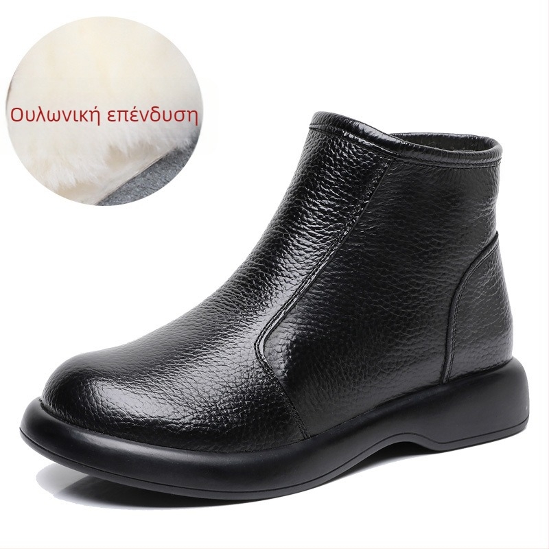 Γυναικείες casual κοντές μπότες με χαμηλό τακούνι (1-3 cm), στρογγυλή μύτη, επάνω μέρος από πρώτο στρώμα βοδινού δέρματος, μαλλί επένδυση, πλαϊνό φερμουάρ, σόλα από καουτσούκ