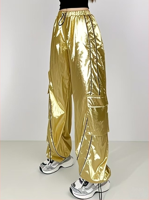 Γυναικεία παντελόνια σε φαρδιά γραμμή από πολυεστέρα με σπάντεξ, 95%+ πολυεστέρας, ελαστική μέση, ανακλαστικός σχεδιασμός, σε στυλ εργασίας με τσέπες