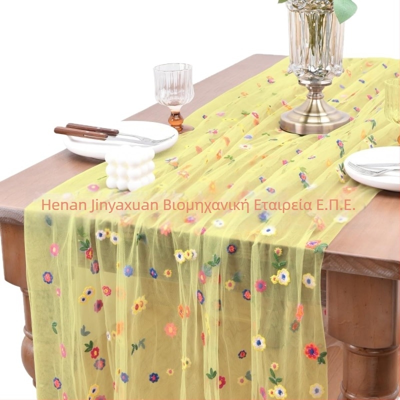 Σημαία τραπεζιού με κέντημα φλοράλ σε διαφανές πολυεστέρα, αγροτικό στυλ, μοτίβο γρασιδιού, δυνατότητα προσαρμογής