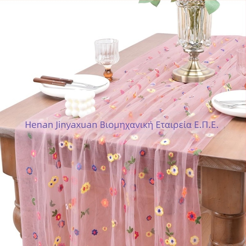 Σημαία τραπεζιού με κέντημα φλοράλ σε διαφανές πολυεστέρα, αγροτικό στυλ, μοτίβο γρασιδιού, δυνατότητα προσαρμογής