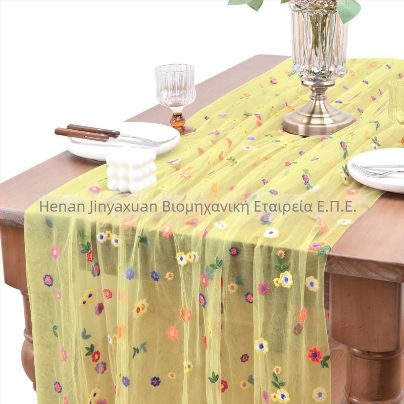 Σημαία τραπεζιού με κέντημα φλοράλ σε διαφανές πολυεστέρα, αγροτικό στυλ, μοτίβο γρασιδιού, δυνατότητα προσαρμογής