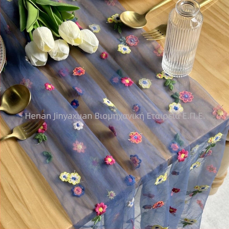 Σημαία τραπεζιού με κέντημα φλοράλ σε διαφανές πολυεστέρα, αγροτικό στυλ, μοτίβο γρασιδιού, δυνατότητα προσαρμογής