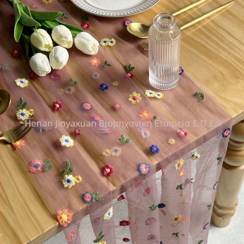 Σημαία τραπεζιού με κέντημα φλοράλ σε διαφανές πολυεστέρα, αγροτικό στυλ, μοτίβο γρασιδιού, δυνατότητα προσαρμογής