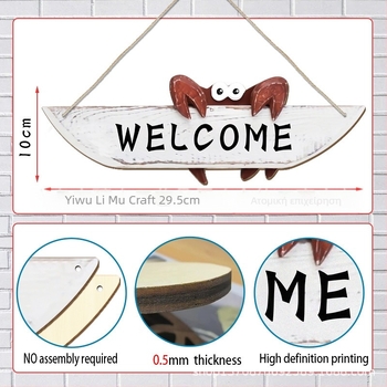 Ξύλινο σήμα καλωσορίσματος πόρτας σε στυλ ωκεανού και Μεσογείου με μοτίβο καβουριού, Υλικό: boxwood, Στυλ: μοντέρνο τέχνης, Τεχνική κατασκευής: εκτύπωση, Κωδικός προϊόντος: Pp-gp-4093