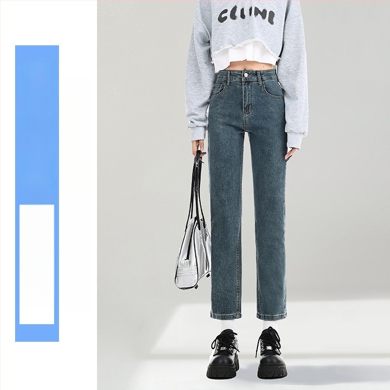Τζιν ίσια γραμμή με ψηλή μέση, μήκος 9/10, denim ύφασμα με 50–70% βαμβάκι και πολυεστέρα <30%, φθινοπωρο 2025