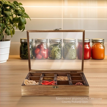 Ξύλινο τετράγωνο κουτί αποθήκευσης με πολλές θήκες για αποξηραμένα φρούτα, φύλλα τσαγιού και μπαχαρικά | Σύγχρονο μινιμαλιστικό