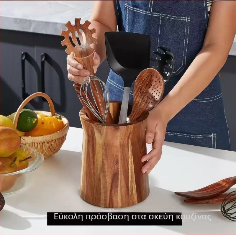 Yuecheng Κουτί αποθήκευσης μαχαιροπήρουνων από μασίφ ξύλο για κουζίνα – Ξύλινος οργανωτής μαχαιροπήρουνων και μαγειρικών εργαλείων, μάρκα Yuecheng
