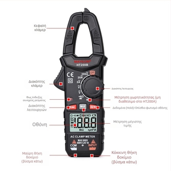 Mai Yilong Ψηφιακό κλιπ-μέτρο HT200A/HT200B: τάση 0–750 V, ρεύμα έως 600 A, αντίσταση έως 40 mΩ, άνοιγμα σφιγκτήρα 25 mm