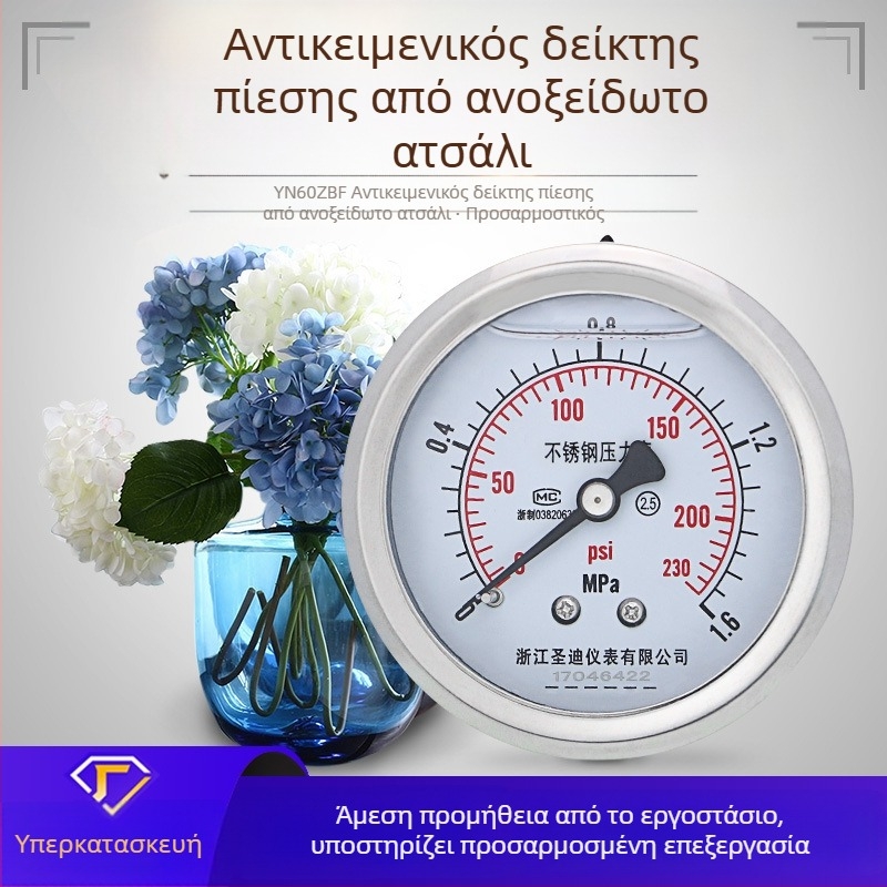 Μετρητής πίεσης από ανοξείδωτο χάλυβα τύπου πάνελ, ανθεκτικός σε κραδασμούς, μοντέλο YN60ZBF, σύνδεση με νήμα, ακρίβεια 2.5, εύρος θερμοκρασίας περιβάλλοντος -40 έως 200 °C