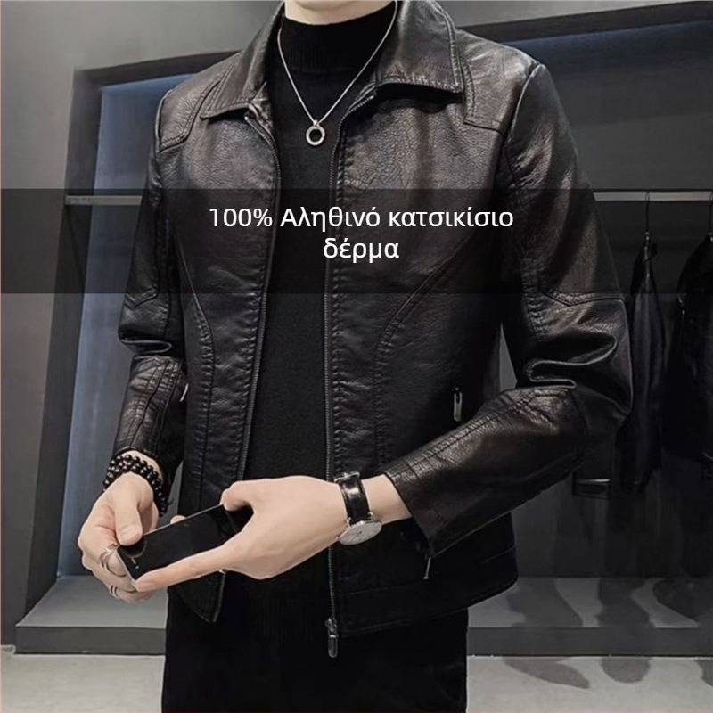 Δερμάτινο μπουφάν σε κορεατικό στυλ με κουκούλα, χαλαρή γραμμή, στάσιμος γιακάς, ανθεκτικό στη φθορά, Άνοιξη 2025