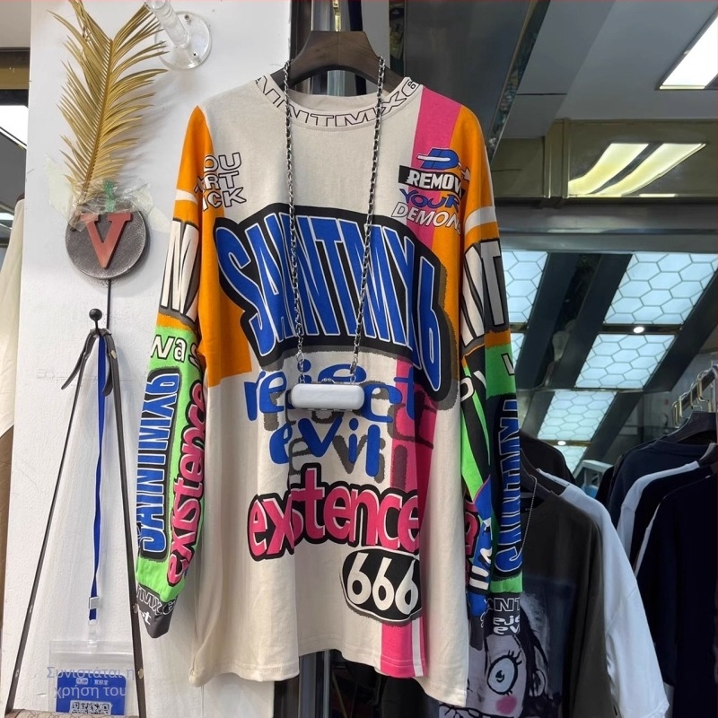 Βαμβακερή μπλούζα T‑Shirt με graffiti print, κορεάτικου στυλ, στρογγυλό γιακά, μακριές μανίκες, χαλαρή γραμμή