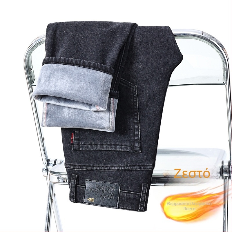 Fengshe Ανδρικά τζιν από ντένιμ με επένδυση φλίς, Slim Straight γραμμή, μεσαία μέση, φερμουάρ
