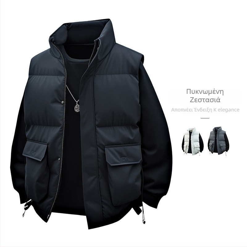 Аνδρικό βαμβακερό γιλέκο με στάσιμος γιακά, χαλαρή γραμμή, χωρίς κουκούλα, τσέπες τύπου 3D patch