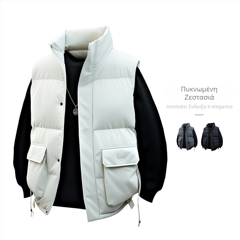 Аνδρικό βαμβακερό γιλέκο με στάσιμος γιακά, χαλαρή γραμμή, χωρίς κουκούλα, τσέπες τύπου 3D patch