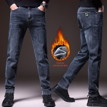 Ανδρικά τζιν από denim σε αμερικανικού στυλ, ενισχυμένα και παχιά, με επένδυση φλίς, χαλαρή ίσια γραμμή, μεσαία μέση, κορδόνι για κούμπωμα, φθινοπωρινό-χειμερινό 2025