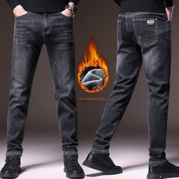 Ανδρικά τζιν από denim σε αμερικανικού στυλ, ενισχυμένα και παχιά, με επένδυση φλίς, χαλαρή ίσια γραμμή, μεσαία μέση, κορδόνι για κούμπωμα, φθινοπωρινό-χειμερινό 2025
