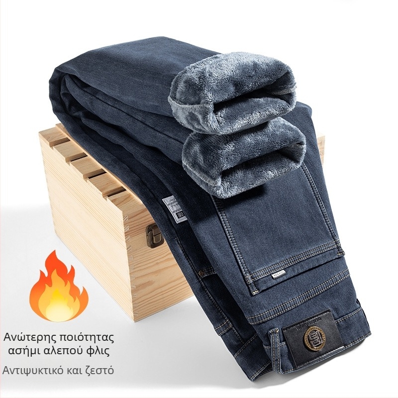 Ανδρικά τζιν με fleece επένδυση για τον χειμώνα 2025, ίσια γραμμή, μεσαία μέση, ύφασμα από μίγμα βαμβάκι-πολυεστέρα με ελαστικότητα