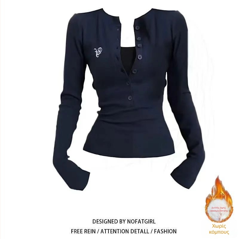 Πολυεστέρας μακρυμάνικη μπλούζα T με κέντημα γεωμετρικού patchwork, στενή γραμμή, μπροστά κουμπιά σε ημι-ανοικτή διάταξη, στρογγυλός λαιμός, βασικό τοπ στρώσης