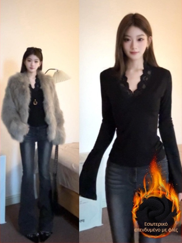 Top από βισκόζη με V-λαιμό, μακριά μανίκια, στενή γραμμή, μονόχρωμο, κανονικό μήκος