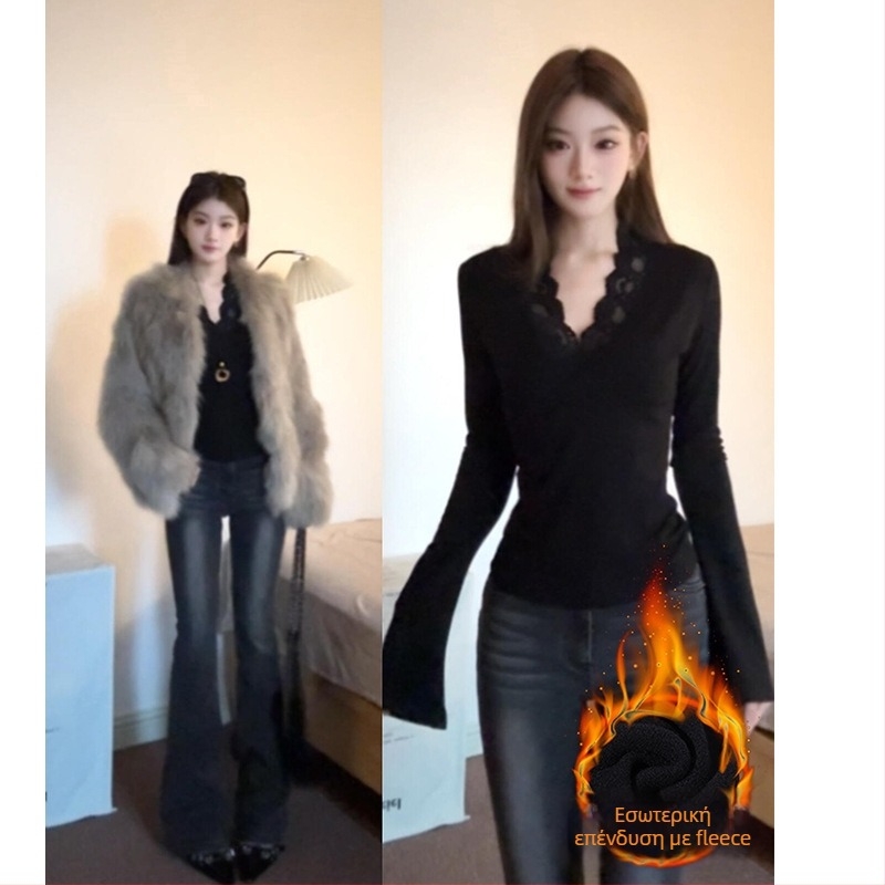 Top από βισκόζη με V-λαιμό, μακριά μανίκια, στενή γραμμή, μονόχρωμο, κανονικό μήκος