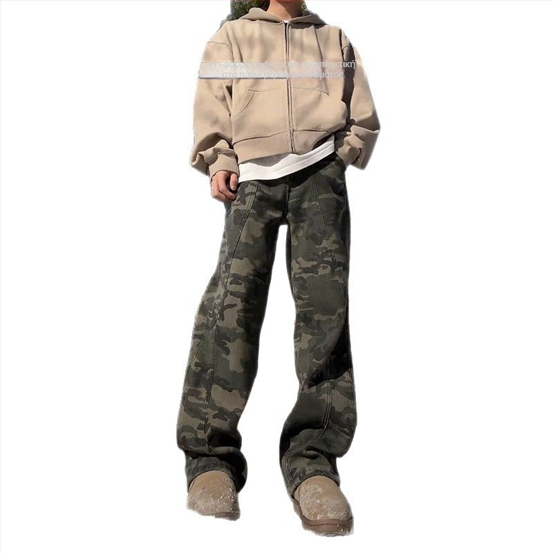 Τζιν (Αμερικανικού στυλ καμουφλαρισμένο workwear denim; επένδυση φλίς; ευθείας γραμμής παντελόνι; μεσαία μέση; φερμουάρ)