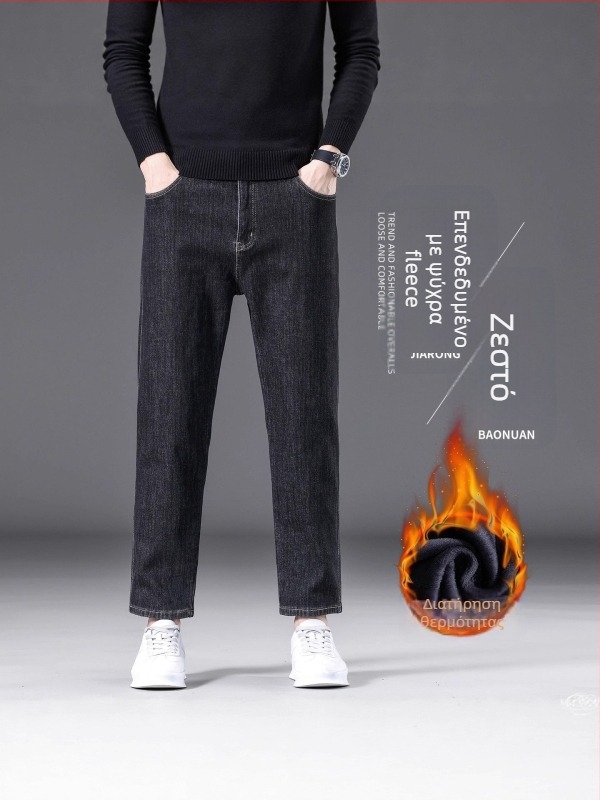 Ανδρικά τζιν παντελόνια με ίσιο κόψιμο, εσωτερική επένδυση fleece για τον χειμώνα, μεσαία μέση, ελαφρώς ελαστικό ύφασμα