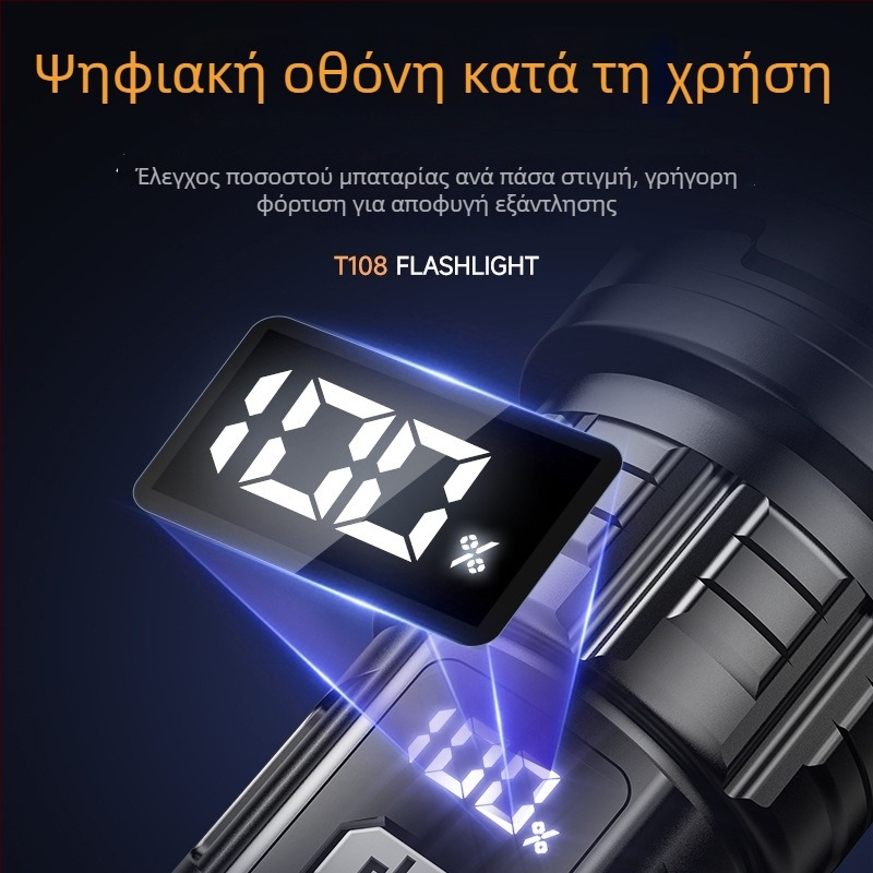 Φακός LED επαναφορτιζόμενος με χειροκίνητη τροφοδοσία, 5W, μπαταρία 800mAh, ζουμ δέσμη 100–200 m, φορητός για εξωτερικούς χώρους και οικιακή χρήση