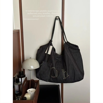 Τσάντα Tote από Denim, Unisex στυλ, Οριζόντιο τετράγωνο σχήμα, Κρυφό τσεπάκι με φερμουάρ