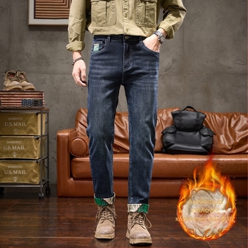 Τζιν - εσωτερικά επενδεδυμένα με φλίς, ίσιο κόψιμο, μεσαία μέση, φερμουά, ντένιμ με ελαστικότητα, κεντήματα