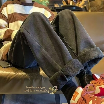 Ανδρικά τζιν σε αμερικανικό vintage στυλ με fleece επένδυση για τον χειμώνα, χαλαρή ίσια γραμμή, μεσαία μέση, κλείσιμο με κορδόνι