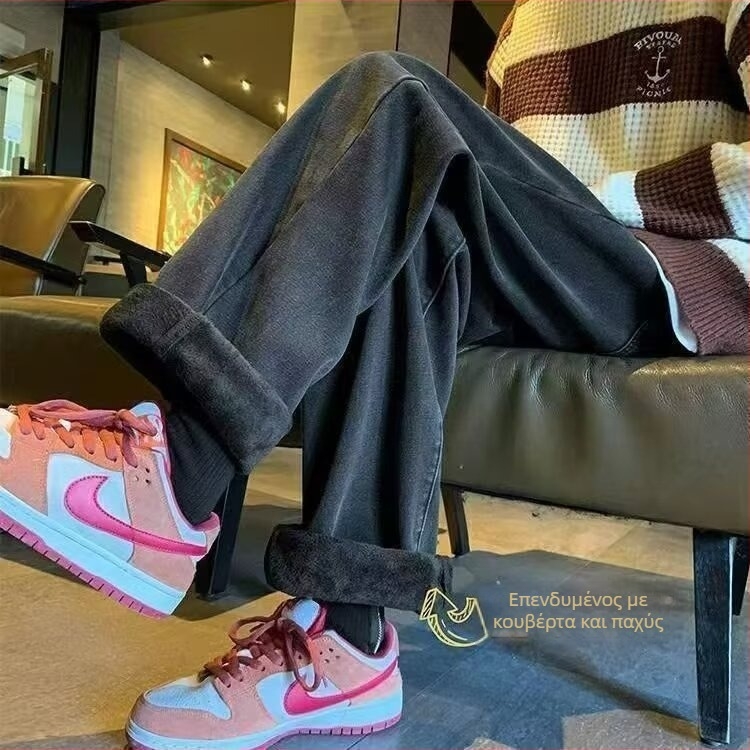 Ανδρικά τζιν σε αμερικανικό vintage στυλ με fleece επένδυση για τον χειμώνα, χαλαρή ίσια γραμμή, μεσαία μέση, κλείσιμο με κορδόνι