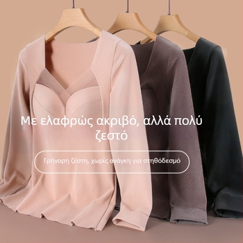 Γυναικείο θερμικό τοπ βάσης με επένδυση στο στήθος, V-λαιμός, μακριά μανίκια, De Velvet ακρυλικό ύφασμα, πολύ παχύ ύφασμα