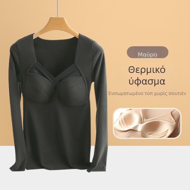 Γυναικείο θερμικό τοπ βάσης με επένδυση στο στήθος, V-λαιμός, μακριά μανίκια, De Velvet ακρυλικό ύφασμα, πολύ παχύ ύφασμα