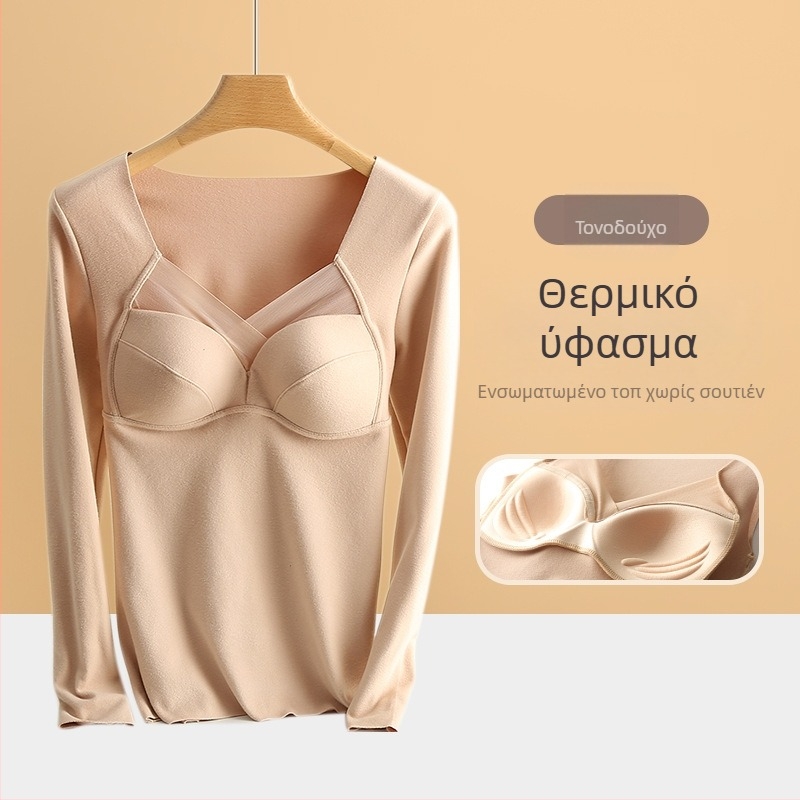 Γυναικείο θερμικό τοπ βάσης με επένδυση στο στήθος, V-λαιμός, μακριά μανίκια, De Velvet ακρυλικό ύφασμα, πολύ παχύ ύφασμα