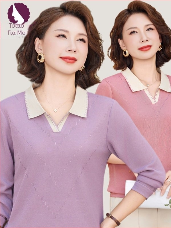 Γυναικείο μακρύμάνικο πλεκτό τοπ με γιακά; βασικό ύφασμα πολυεστέρας 80–90%; δεύτερο πολυεστέρα ≤30%; κανονικό μήκος 50–65 εκ.; στυλ γραφείου/κομμμιτέρ