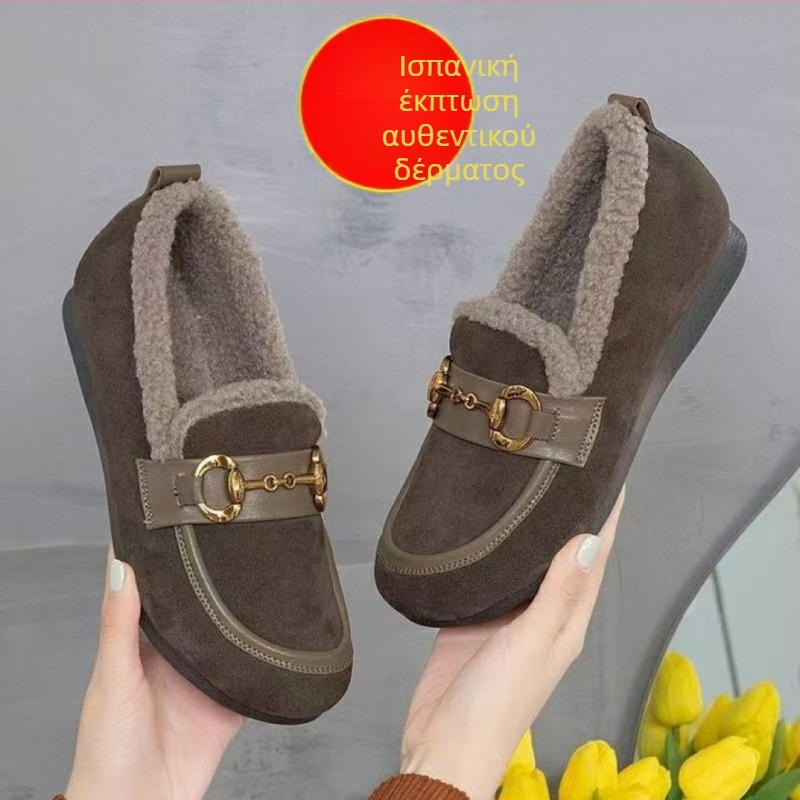 Γυναικεία δερμάτινα Slip-On παπούτσια με γούνινη επένδυση – χειμωνιάτικα, καουτσούκ σόλα, EVA πάτος