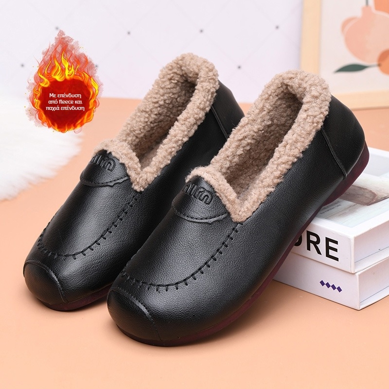 Γυναικεία χειμερινά slip-on λοφέρ με επάνω από τεχνητό PU, χαμηλό ύψος τακουνιού 1–3 cm, σόλα από καουτσούκ, εσωτερική επένδυση από τεχνητό κοντό γούνινο